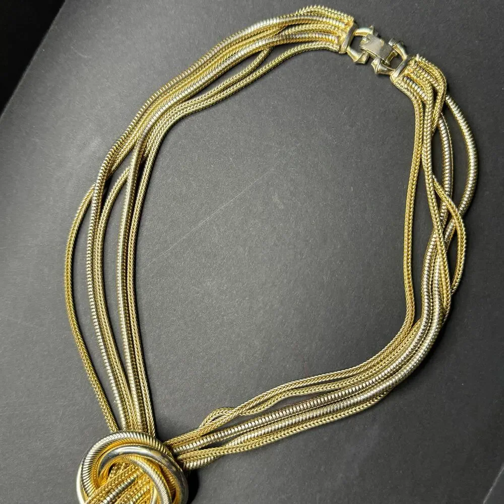 Vintage 60s Designer Costume Mulit Chain Knot Necklace Tassel Jewelry Unsigned
